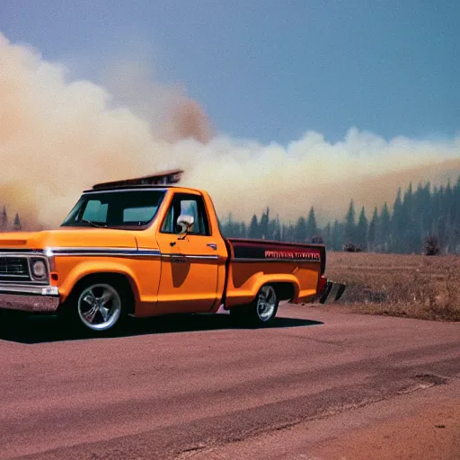 Image similar to 1972 orange and white Chevrolet C10 pickup fleeing a wildfire, Cinestill 800T