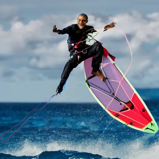 Prompt: barack obama going kitesurfing with richard branson, hyperrealistic, 4K wallpaper, cinematic lighting, highly detailed