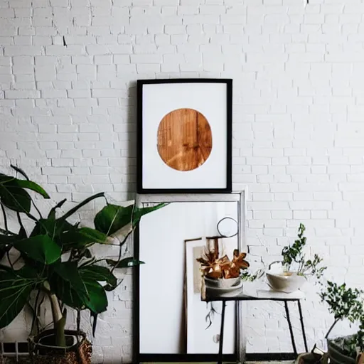 Image similar to a minimalist mockup photo with large blank frame, in a boho style studio with a white background wall, trending on etsy