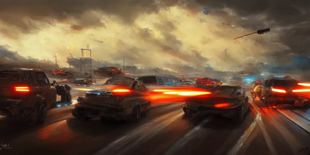 Image similar to Ignacio Bazan Lazcano painting of a vehicle battle on highway, dramatic lighting, wide angle lens, dutch angle, trending on Artstation, highly detailed