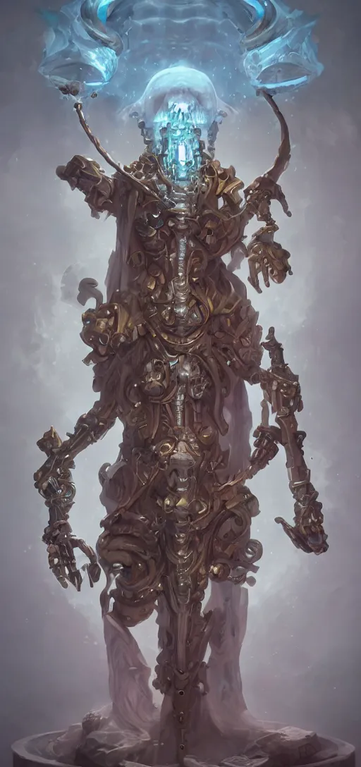 Prompt: biomechanical lich with transparent skin made of glass, artgerm, wlop, halo, octane render, peter mohrbacher, artstation