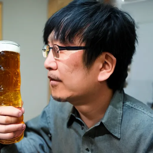 Image similar to real photo of japanese video game designer zun drinking a single beer