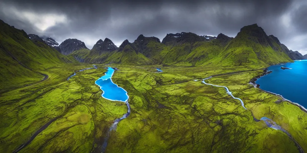 Image similar to drone shot photo of a landscape with mountains, waterfalls, wallpaper, lofoten, very very wide shot, blue glacier, iceland, new zeeland, green flush moss, national geographic, award landscape photography, professional landscape photography, sunny, day time, beautiful