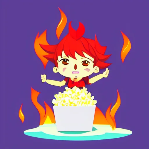 Prompt: vector anime chibi style character of a piece of fluffy popcorn with a smiling face and flames for hair, clean composition, symmetrical