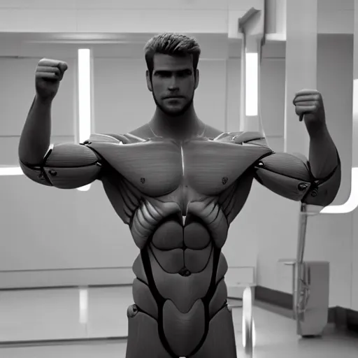 Image similar to a realistic detailed photo of a guy who is an attractive humanoid who is half robot and half humanoid, who is a male android, actor liam hemsworth, shiny skin, posing like a statue, blank stare, in a lab, on display, showing off his muscles