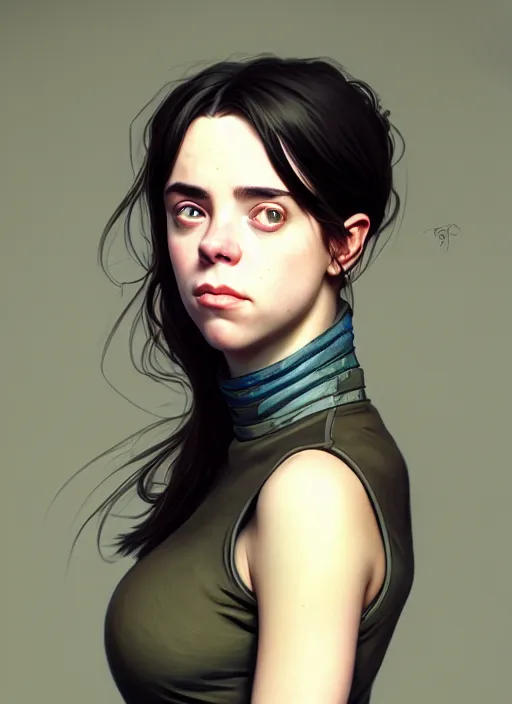 Image similar to portrait of a full body of beautiful young female detective, d & d, sleeveless turtleneck, fantasy, flat lighting, intricate, highly detailed, digital painting, artstation, concept art, smooth, sharp focus, illustration, billie eilish, art by simon bisley and greg rutkowski and alphonse mucha, natural tpose