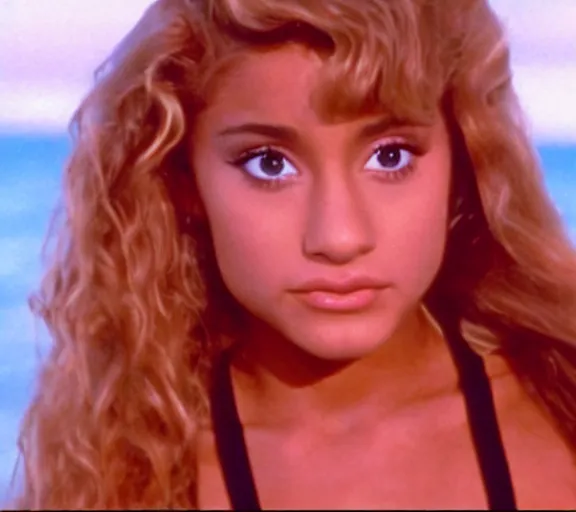 Image similar to color still shot of ariana grande on baywatch 1 9 8 9 tv show, face closeup,