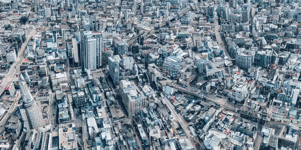 Prompt: drone view of a city with a large road through, Brutalist architecture,sharp focus,telephoto lens,3D digital art 4k