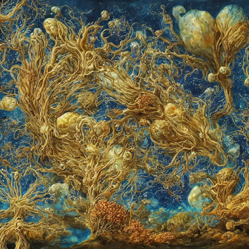 Image similar to beautiful and artistic mycelium on a fantastic planet and unusual inhabitants of the oceans, highly detailed, Allegorical Painting