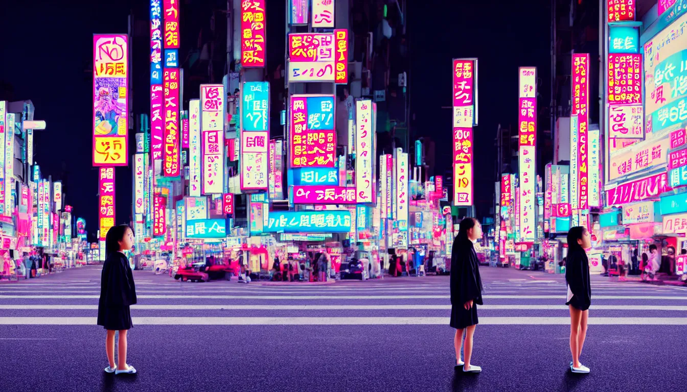 Image similar to 90s neon movie still. japanese city at night. Girl stands in the middle of a crosswalk wearing a kimono. She is looking up at an advertisement. hyperrealistic, high definition, medium format photography, highly detailed, technicolor, anamorphic 50mm lens