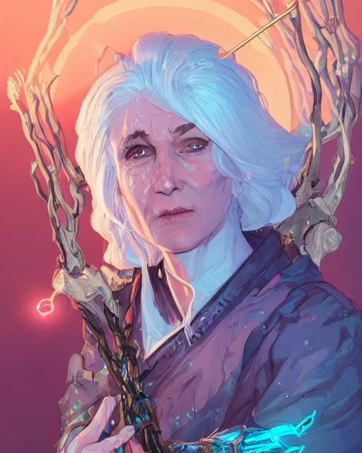 Image similar to a white-haired witch holding a gnarled walking staff, glowing iridescent accents, digital apex legends illustration portrait, gorgeous lighting, wide angle action dynamic portrait, art by Josan Gonzalez, blue and gold palette, high contrast
