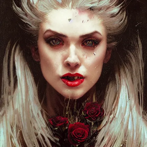 Prompt: portrait of a menacing beautiful vampire, head only, headshot, detailed and clear eyes and mouth, blinding white hair, roses scattered everywhere, by Stanley Artgerm Lau , greg rutkowski, thomas kindkade, alphonse mucha, loish, norman rockwell, J. C. Leyendecker. hair waving in the wind, pale skin, sinister complexion, thorn crown, image bordered by thorns, thorn background. D&D, fantasy. Trending on artstation rule of thirds extremely detailed illustration hd 4k
