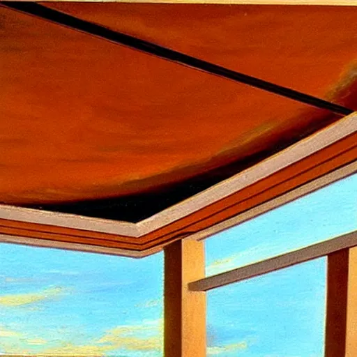 Image similar to an oil painting of a ceiling fan designed by frank lloyd wright