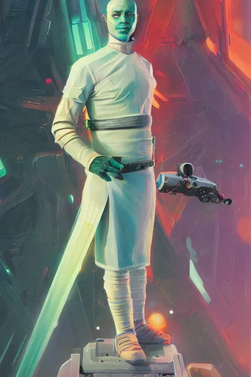 Image similar to symmetry!! a full body sci-fi portrait, oil painting, illustration of a Jedi, colourful, by Justin Sweet and Greg Rutkowski and Alphones Much