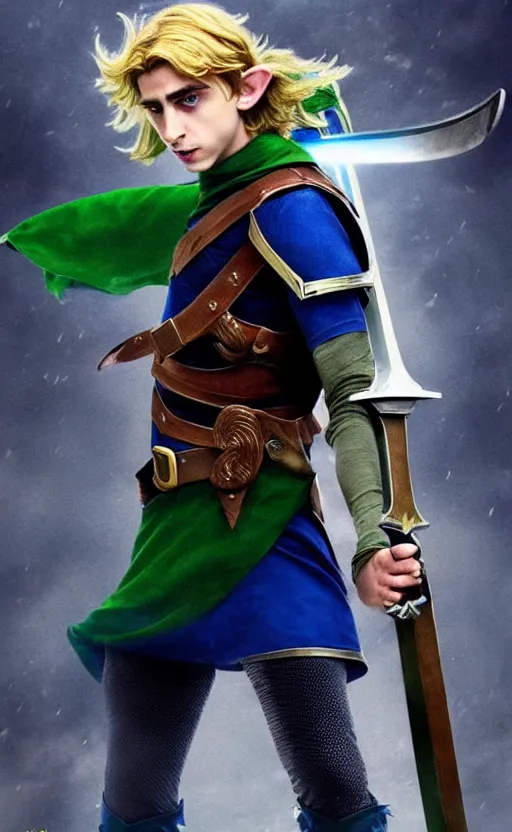 Image similar to super super super epic cinematic shot of Timothee Chalamet starring as Link from Legend of Zelda, 8k movie scene, elf ears, long blonde blonde hair, green clothes, blue eyes, ++++++ super super super dynamic action posing, super serious facial expression, holding a sword & shield, ocarina of time movie, concept photos, dynamic lighting, dynamic shaders, night time, in the forest, fairy light above him, amazing quality, magical forest