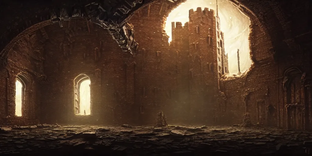 Image similar to a cosmic horror monster inside of a medieval brick castle, matte oil painting, concept art, lovecraftian, extremely detailed, trauma, cinematic, award - winning, 4 k, 8 k