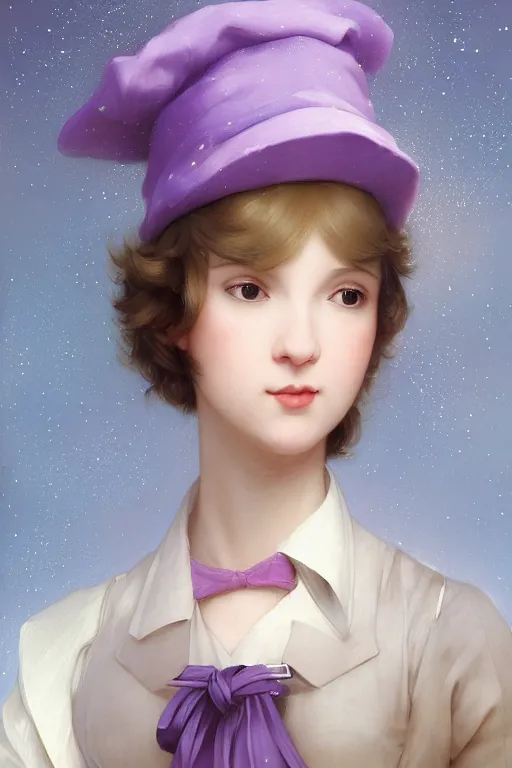 Image similar to Full View girl with short blond hair wearing an oversized purple Beret, Baggy Purple overall shorts, Short Puffy pants made of silk, silk shoes, a big billowy scarf, Golden Ribbon, and white leggings Covered in stars. Short Hair. masterpiece 4k digital illustration by Ruan Jia and Mandy Jurgens and Artgerm and william-adolphe bouguereau, award winning, Artstation, art nouveau aesthetic, Alphonse Mucha background, intricate details, realistic, panoramic view, Hyperdetailed, 8k resolution, intricate art nouveau