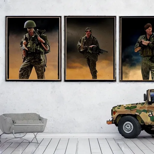 Image similar to rambo movie posters with soldiers, military trucks, helicopters, explosions