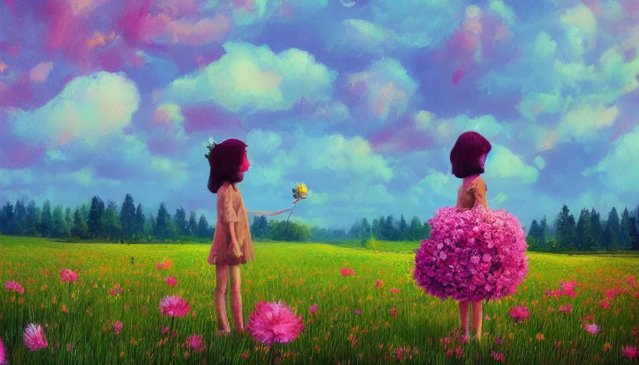 Image similar to girl with a flower face, surreal photography, dream, standing in field with giant flowers, hills, big trees, sunrise dramatic light, impressionist painting, colorful clouds, digital painting, pointillism, artstation, simon stalenhag, flower face