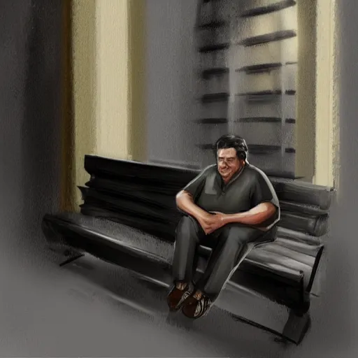 Image similar to pensive pablo escobar seating on a bench waiting, digital painting, artstation, concept art, sharp focus, illustration, portrait