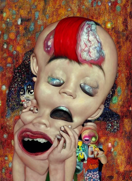 Image similar to a dramatic emotional hyperrealistic pop surrealist oil panting of a sad sobbing grotesque kawaii vocaloid figurine caricature sobbing red in the face uglycrying with tears and snot featured on doom 2 0 1 6 by gustave klimt made of badballs, 😭🤮 💔