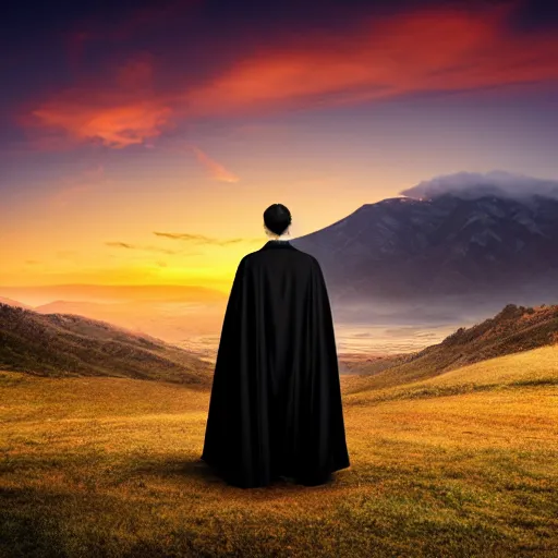 Prompt: man with a black cape on a hill mountains in background sunrise, realistic, detailed