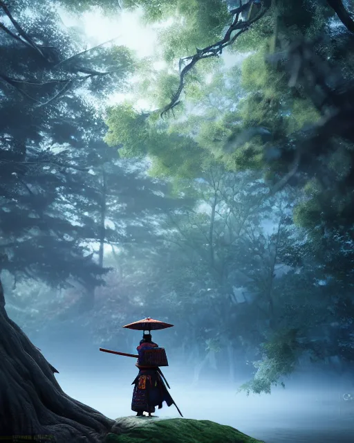 Prompt: samurai in enchanted forest, atmosphere, gorgeous, depth of field, cinematic, macro, concept art, 50mm, unreal engine 5, artstation, wlop, elegant, epic, weta digital, focus, octane render, v-ray, 8k, kodak portra, art by Asaf Hanuka