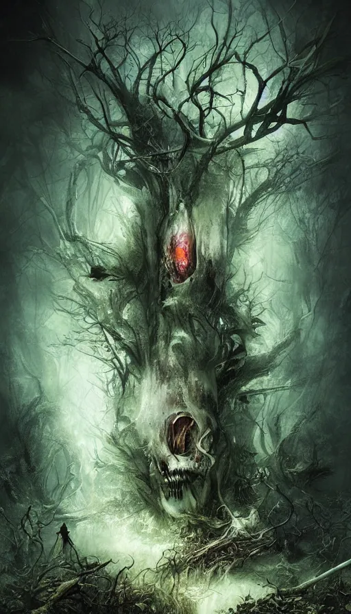 Image similar to a storm vortex made of many demonic eyes and teeth over a forest, by ryohei hase