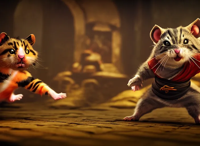 Image similar to hamster fights a cat in mortal kombat on the background of a laughing shao khan. fantasy magic style. highly detailed 8 k. intricate. lifelike. soft light. sony a 7 r iv 5 5 mm. unreal engine with nanite and path tracing