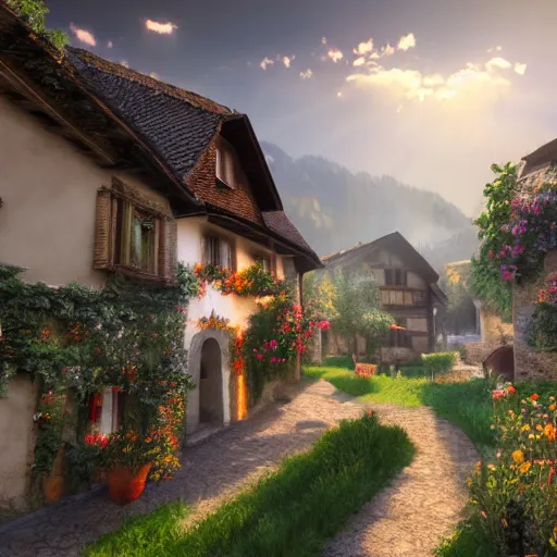 Image similar to a medieval village in switzerland, ornate, beautiful, atmosphere, vibe, flowers, concept art illustration, greg rutowski, volumetric lighting, sunbeams, particles,