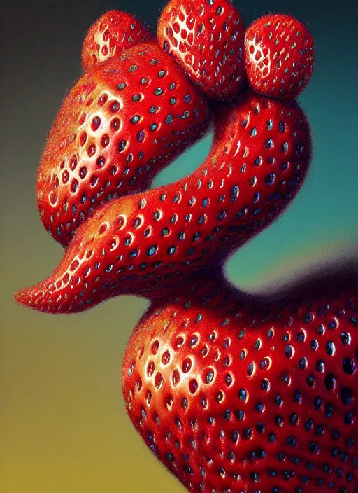 Image similar to hyper detailed 3d render like an Oil painting - Strawberry Cat chimera by Jacek Yerka, Mariusz Lewandowski, Houdini algorithmic generative render, Abstract brush strokes, Masterpiece, Edward Hopper and James Gilleard, Zdzislaw Beksinski, Mark Ryden, Wolfgang Lettl, hints of Yayoi Kasuma, octane render, 8k