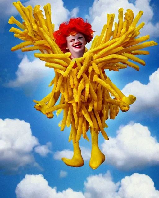 Image similar to ronald mcdonald as an angel ascending into the heavens with wings made entirely of french fries wings, an onion ring around his head, cute chicken nuggets flying in the sky, sunbeams, clouds
