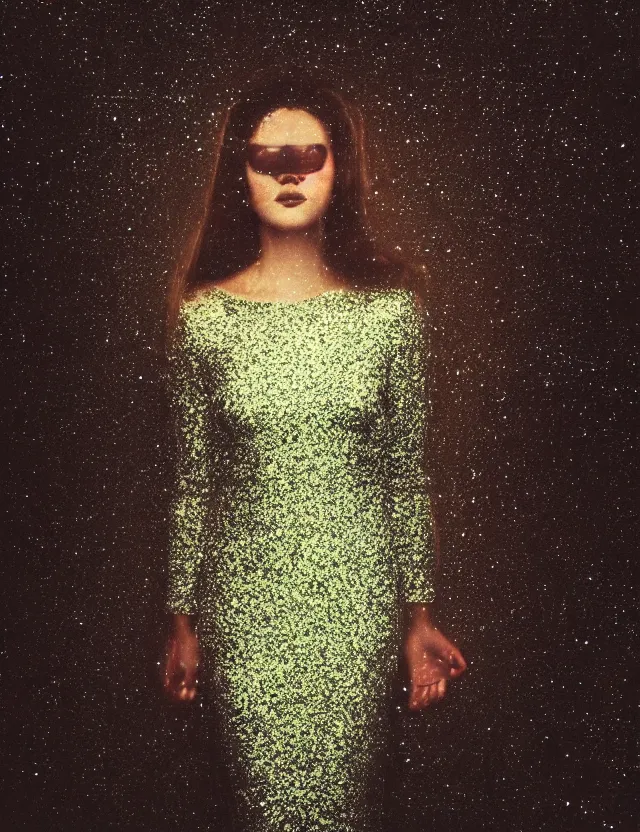 Prompt: conceptual polaroid photo with flash, portrait of a woman in glitter dress, polaroid photo strong lights, kodak film stock, hyper real, stunning moody cinematography, with anamorphic lenses, by maripol, detailed