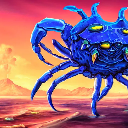 Prompt: blue giant crab monster, crab claws, fantasy digital art, magical background in the style of hearthstone artwork