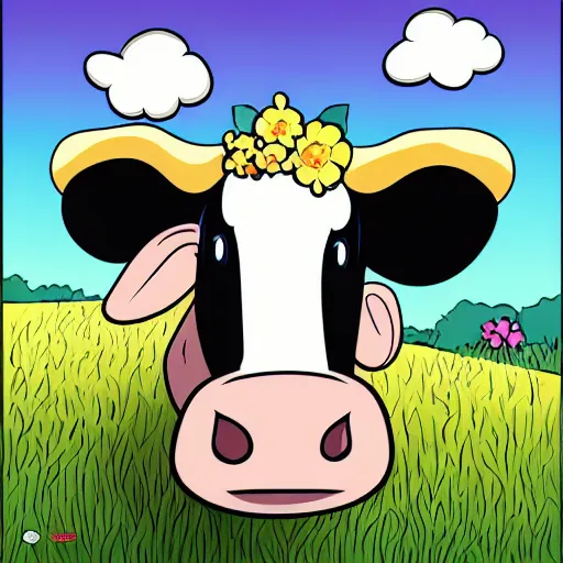 Prompt: cute cheerful cow with his two ears and his trunk in a meadow, colouring - in sheet, concept design, character art, sharp focus, highly detailed, artstation