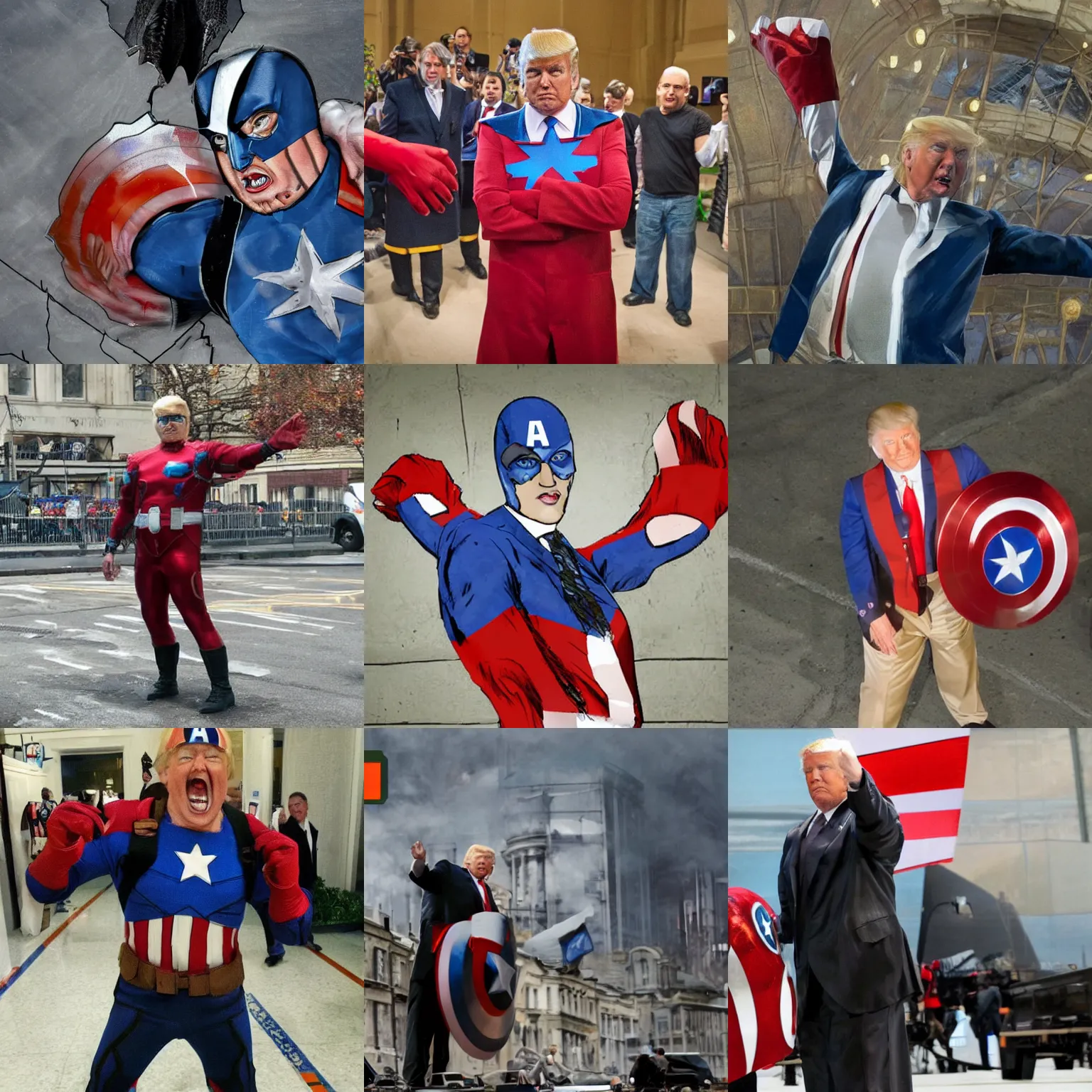 Prompt: Donald Trump, dressed as Captain America, defeating Russia