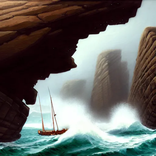 Prompt: a fleet of ancient trojan sailboats, amidst crashing waves and huge looming rocks, whirlpool, trireme, skiff, wooden sailboats, by greg rutkowski, grim, lightning flashes, sky swirling with black wind, dark sky, dramatic, realistic, detailed, ancient, artstation, artgerm, digital painting