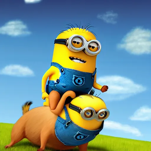 Image similar to a minion riding a capybara, digital art