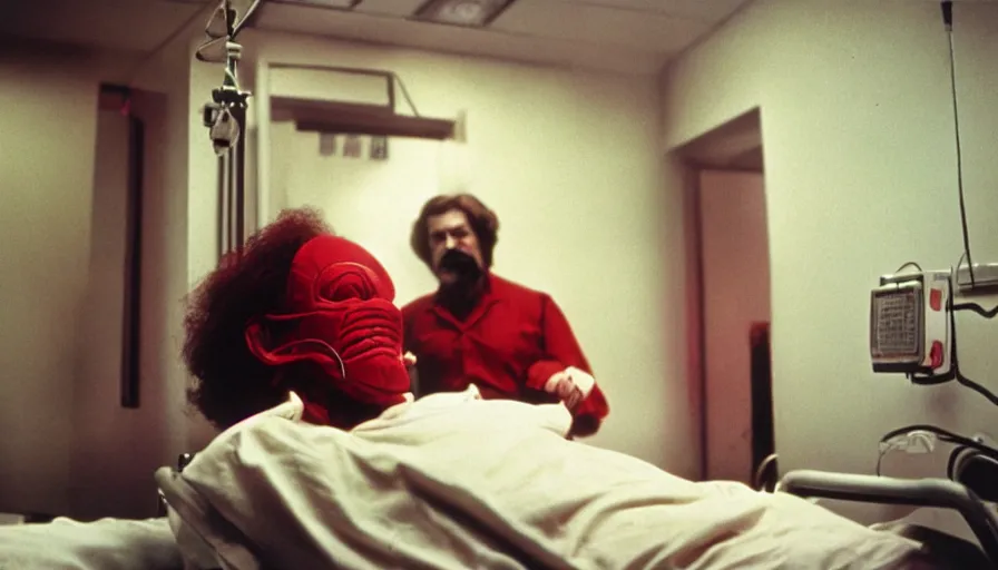 Image similar to 70s movie still of a man with red mask in hospital with a deep spiral in the mouth, eastmancolor, heavy grain, high quality, higly detailed, liminal space