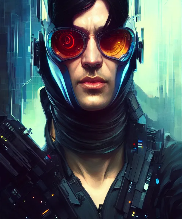 Image similar to Hacker cyberpunk man portrait, highly detailed, digital painting, artstation, concept art, smooth, sharp focus, illustration, art by artgerm and greg rutkowski and alphonse mucha