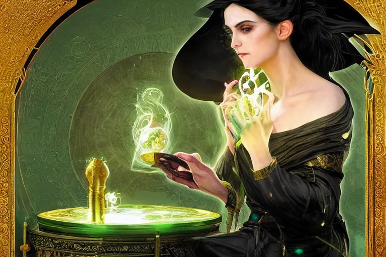 Image similar to a sorceress wearing a black robe with gold embroidery, sitting at table, casting a spell, green glows, painted by artgerm and tom bagshaw and alphonse mucha, in the style of magic the gathering, highly detailed digital art