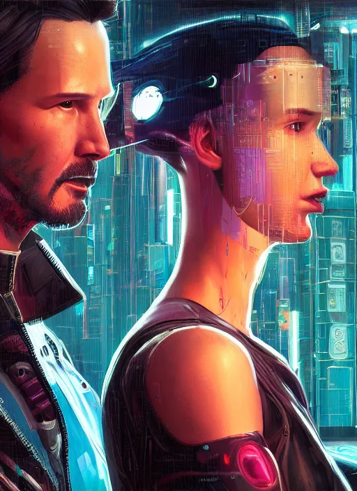 Image similar to a cyberpunk 2077 couple portrait of Keanu Reeves&female android in kiss,love,film lighting,by Laurie Greasley,Lawrence Alma-Tadema,Dan Mumford,artstation,deviantart,FAN ART,full of color,Digital painting,face enhance,highly detailed,8K,octane,golden ratio,cinematic lighting