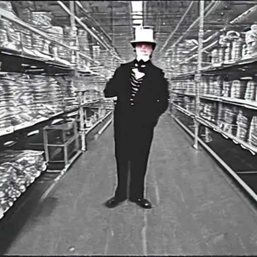 Image similar to grainy security cam footage still of Willy Wonka in his Chocolate Factory, extreme wide angle