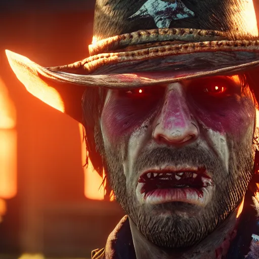 Image similar to zombie, bokeh dof, professional, dreamy, cute, 4 k, sunset, award winning, disgusting, funny, red dead redemption 2