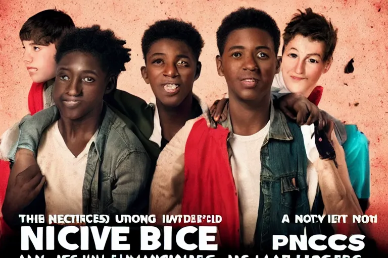 Image similar to a movie poster with dog - eared corners, advertising a movie called nice boys, showing a diverse crowd of young men being nice to strangers