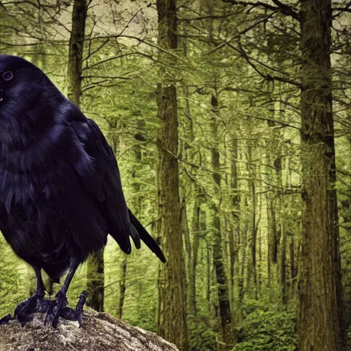 Image similar to mixture between a!! person and crow, photograph captured in a forest