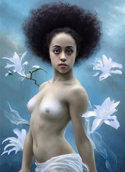 Image similar to dramatic upper body portrait of Nathalie Emmanuel as a dark-skinned la sirene Haitian mermaid goddess by Ruan Jia and Mandy Jurgens and Artgerm and william-adolphe bouguereau, underwater, white sheer fabric, white lilies, shells, mirrors, marvel comics, intricate, highly detailed, smooth, artstation, digital illustration by julie bell and Ruan Jia and Mandy Jurgens and Artgerm and William Adolphe Bouguereau and John Collier and Greg Rutkowski and Frank Frazetta