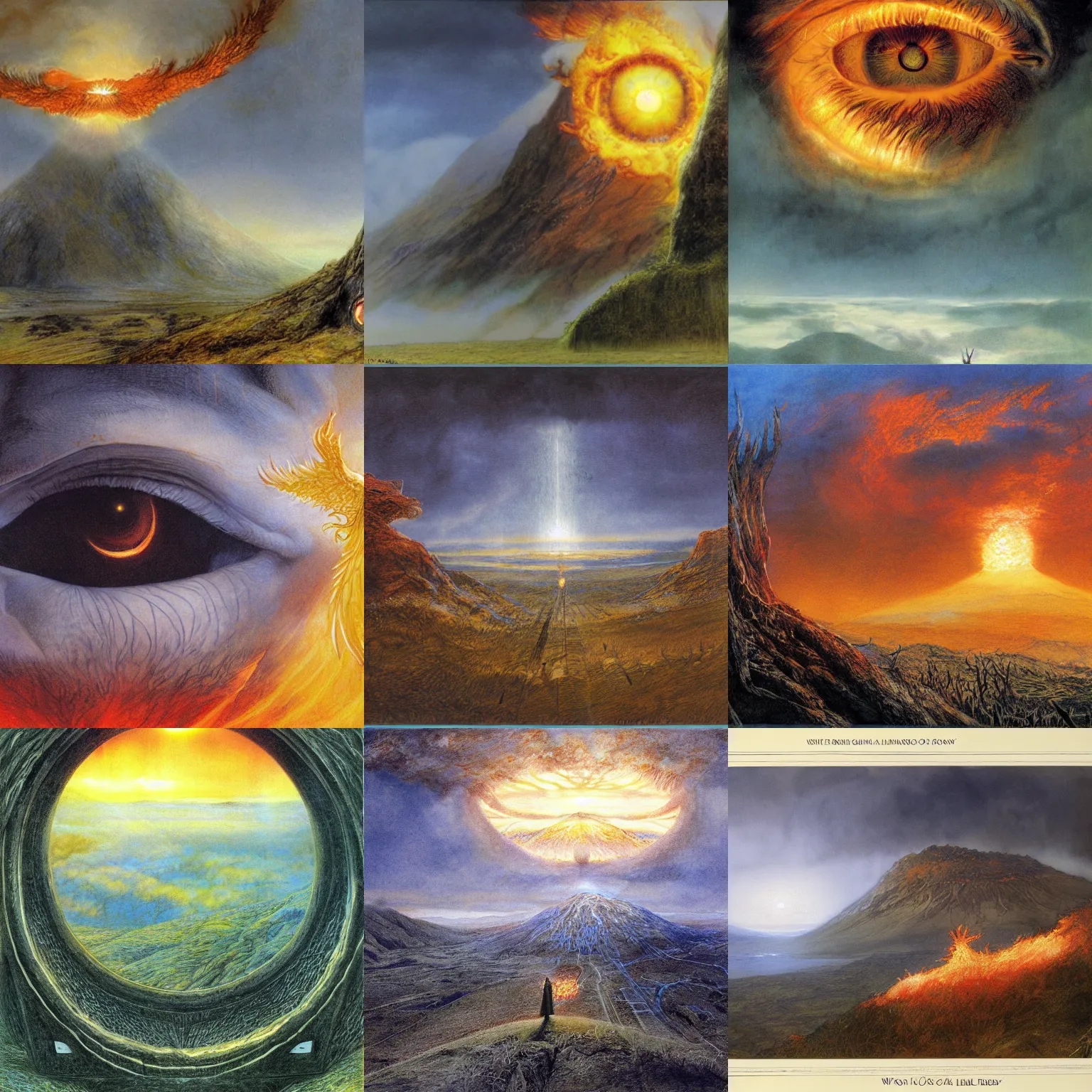 Prompt: a great eye, wreathed in flame looking out across a vast fantasy landscape, by alan lee, digital art, lord of the rings calendar