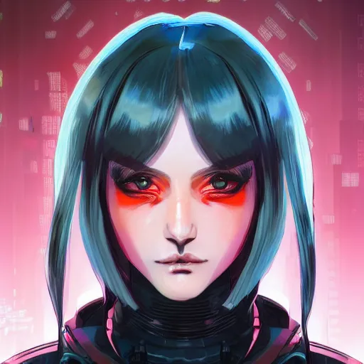 Image similar to A comic potrait of a cyberpunk cyborg girl with big and cute eyes, fine-face, realistic shaded perfect face, fine details. Night setting. Very anime style. Realistic shaded lighting poster by Ilya Kuvshinov katsuhiro, magali villeneuve, artgerm, Jeremy Lipkin and Michael Garmash, Rob Rey and Kentarõ Miura style, trending on art station