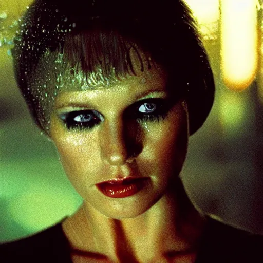 Image similar to close up portrait of rachael tyrell from blade runner at tyrell headquarters photographed by annie leibovitz, cyberpunk, colorful!, nighttime!, raining!